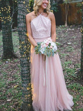 Lace Bridesmaid Dresses Bohemia A Line Blushing Pink Long Open Back Bridesmaid Dresses JKB085
