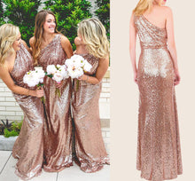Sparkly Bridesmaid Dresses Sequins Lace One Shoulder Navy Blue Rose Gold Bridesmaid Dresses JKB086|Annapromdress