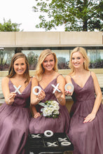Tulle Bridesmaid Dresses with Spaghetti Straps A Line Long Open Back Cheap Bridesmaid Dresses JKB088