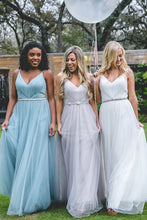 Tulle Bridesmaid Dresses with Spaghetti Straps A Line Long Open Back Cheap Bridesmaid Dresses JKB088