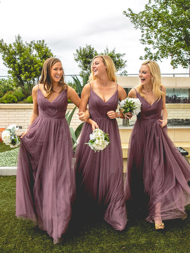 Tulle Bridesmaid Dresses with Spaghetti Straps A Line Long Open Back Cheap Bridesmaid Dresses JKB088