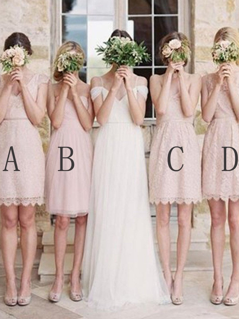 Short Bridesmaid Dresses A-line Sweetheart Vneck Blush Pink Lace Bridesmaid Dresses JKB090