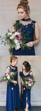 Dark Navy Bridesmaid Dresses with Straps A-line High Neck Long Simple Slit Bridesmaid Dresses JKB091