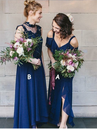 Dark Navy Bridesmaid Dresses with Straps A-line High Neck Long Simple Slit Bridesmaid Dresses JKB091