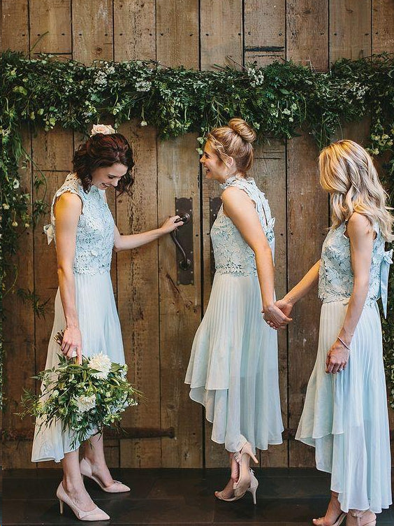 white christmas dresses Two Piece Bridesmaid Dresses High Neck Chiffon Simple Lace High Low Br –  Anna PromDress