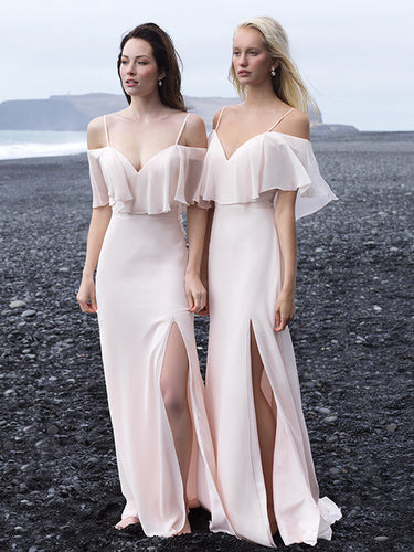 Long Bridesmaid Dresses with Spaghetti Straps A Line Floor-length Blush Pink Slit Bridesmaid Dresses JKB093