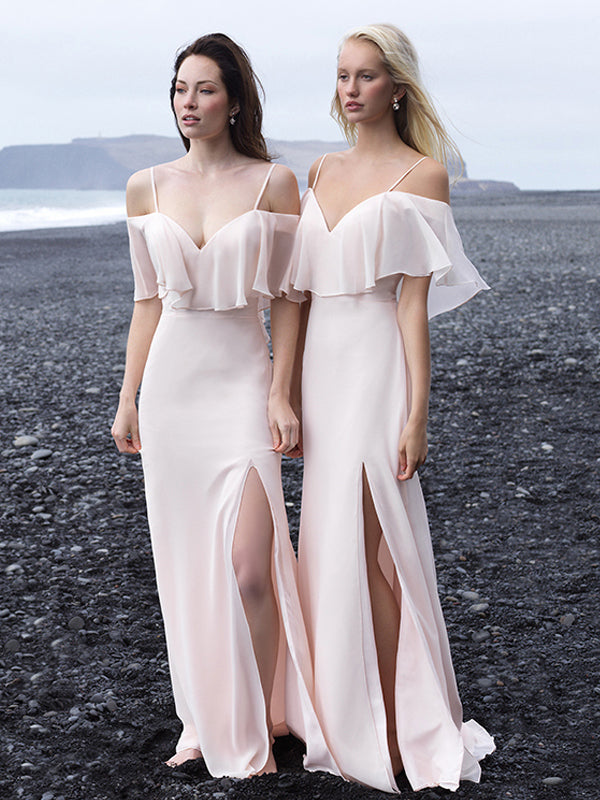 Long Bridesmaid Dresses with Spaghetti Straps A Line Blush Pink Slit B Anna PromDress Long Bridesmaid Dresses with Spaghetti Straps A Line Blush Pink Slit B Anna PromDress