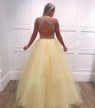 A-Line Light Yellow Tulle Beaded V-Neck Long Prom Dress,JKC1001|Annapromdress