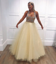 A-Line Light Yellow Tulle Beaded V-Neck Long Prom Dress,JKC1001|Annapromdress