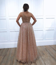 One Shoulder Sparkly Sequin Tulle A-Line Long Prom Dress,JKC1002|Annapromdress