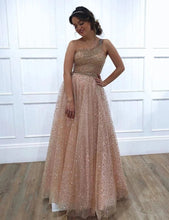 One Shoulder Sparkly Sequin Tulle A-Line Long Prom Dress,JKC1002|Annapromdress