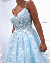 Blue Exquistie Lace Appliques Tulle A-Line Long Prom Dress,JKC1003|Annapromdress