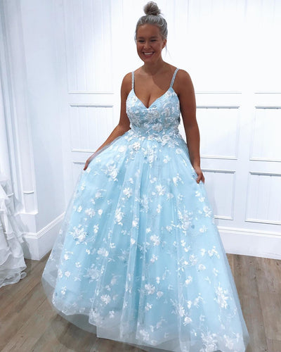 Blue Exquistie Lace Appliques Tulle A-Line Long Prom Dress,JKC1003|Annapromdress