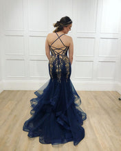 Navy Tulle Gold Beaded Spaghetti Straps Mermaid Prom Dress,JKC1004