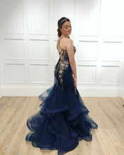 Navy Tulle Gold Beaded Spaghetti Straps Mermaid Prom Dress,JKC1004