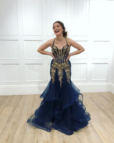 Navy Tulle Gold Beaded Spaghetti Straps Mermaid Prom Dress,JKC1004