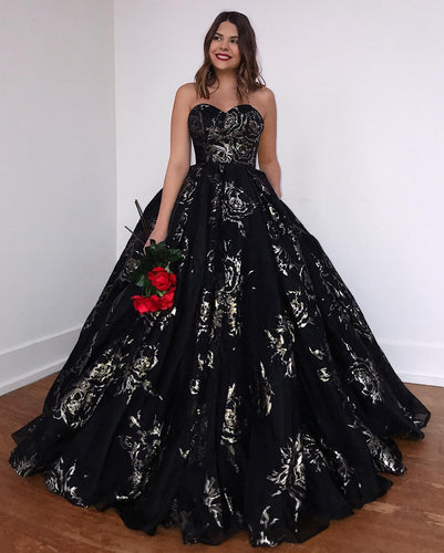 Ball Gown Sweetheart Black Lace Long Prom Dress,JKD2010