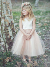 2017 Flower Girl Dresses Ivory and Champagne Bowknot Satin and Tulle JKF009