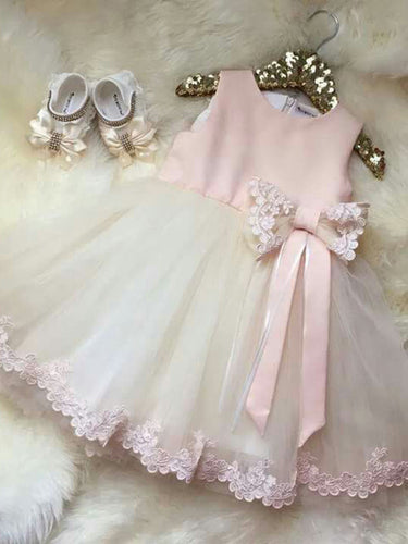 2017 Flower Girl Dresses Bowknot Long Appliques Satin and Tulle JKF019