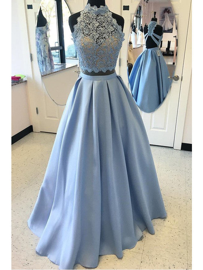 Prom Dresses Blue Halter Floor-length Satin Prom Dress/Evening Dress #JKL009