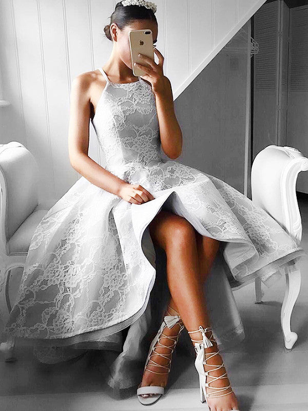 Prom Dresses Silver Lace Asymmetrical Prom Dress/Evening Dress #JKL016