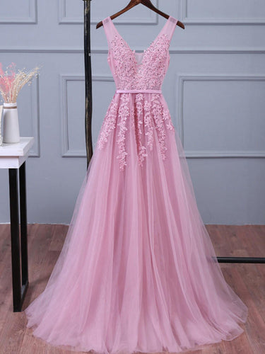 Prom Dresses Appliques V-neck Long Tulle Prom Dress/Evening Dress #JKL019