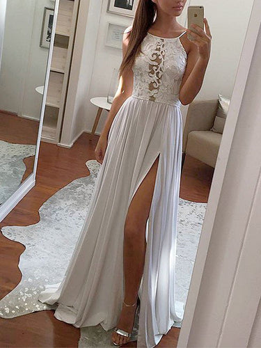 Prom Dresses Chiffon White Lace Long Halter Prom Dress/Evening Dress #JKL020