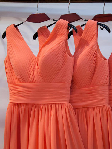 Bridesmaid Dresses Organge A-line V-neck Long Bridesmaid Dresses#JKL024