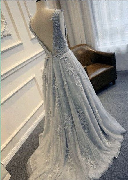 Prom Dresses Silver Lace Tulle Long Prom Dress/Evening Dress #JKL027 Anna PromDress Prom Dresses Silver Lace Tulle Long Prom Dress/Evening Dress #JKL027 Anna PromDress