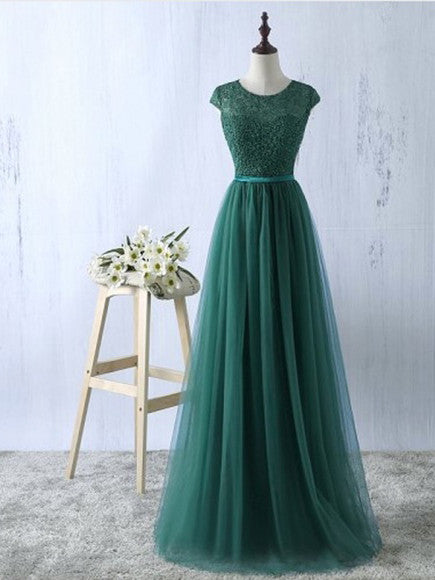 Prom Dresses Scoop Short Sleeve Lace Long Prom Dress/Evening Dress #JKL031