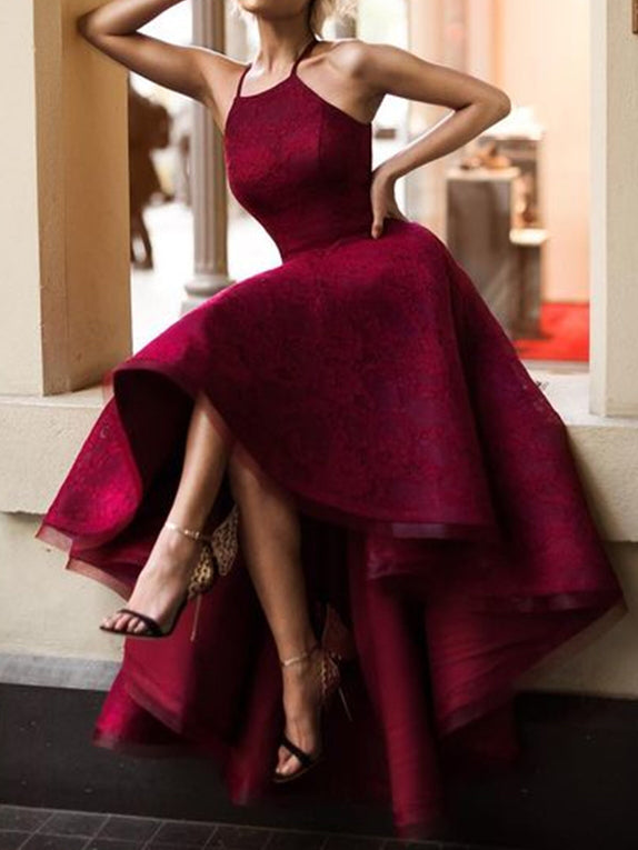 Chic Prom Dresses Sexy Halter Burgundy Lace Prom Dress/Evening Dress J –  Anna PromDress