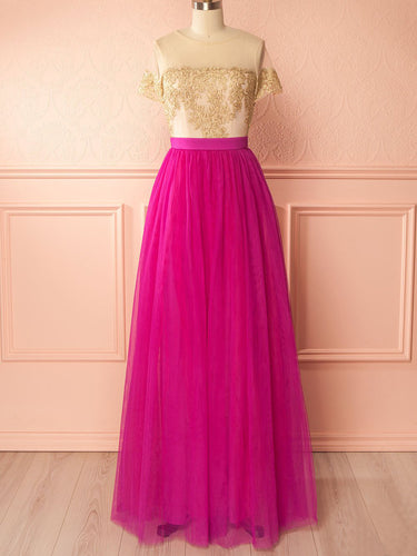 Fuchsia Prom Dresses Scoop Appliques Tulle Long Prom Dress/Evening Dress JKL069