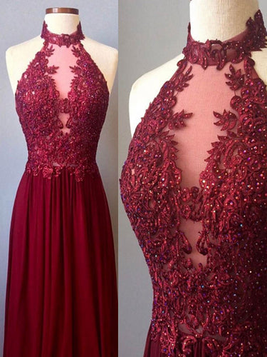 Burgundy Prom Dresses Sexy Halter Appliques Long Prom Dress/Evening Dress JKL077