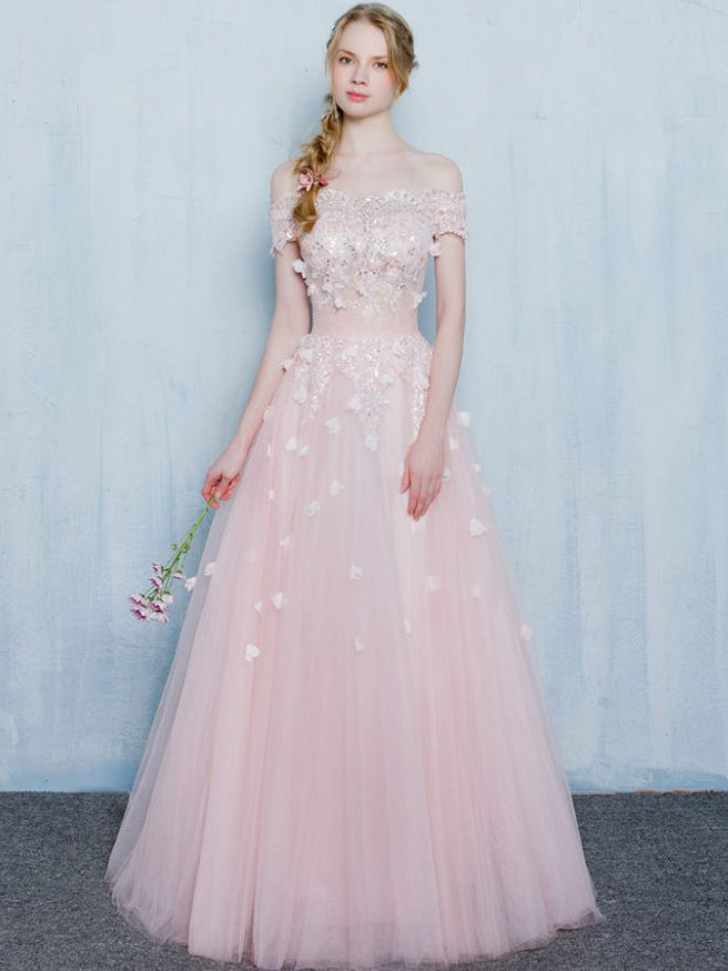 Pink Prom Dresses Off-the-shoulder Appliques Long Prom Dress/Evening Dress JKL078