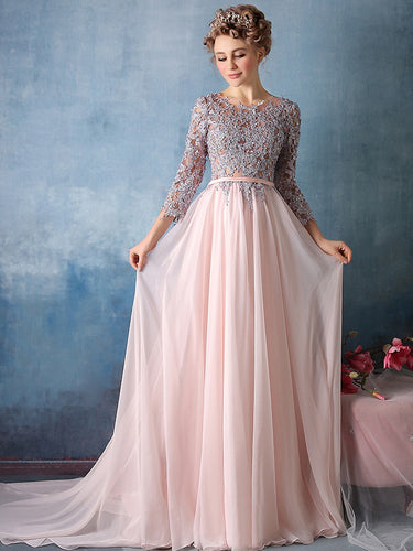 Long Cute Prom Dresses Scoop Appliques Chiffon Prom Dress/Evening Dress JKL083
