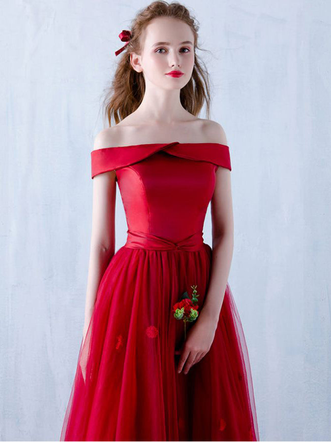 Burgundy Prom Dress Off-the-shoulder Floor-length Prom Dress/Evening Dress JKL084