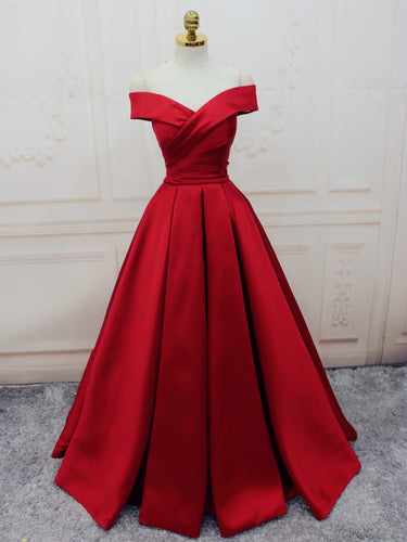 Burgundy Prom Dresses Off-the-shoulder Long Satin Prom Dress/Evening Dress JKL090