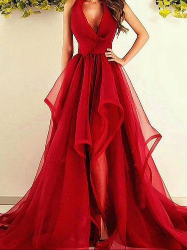 Sexy Prom Dresses Asymmetrical Halter Burgundy Long Prom Dress/Evening Dress JKL091