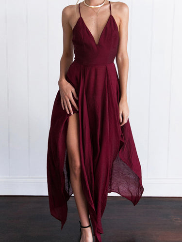Sexy Burgundy Prom Dresses Halter Asymmetrical Long Prom Dress/Evening Dress JKL092