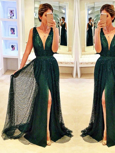 Sexy Dark Green Prom Dresses Sheath/Column Sequins Prom Dress/Evening Dress JKL098