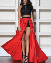 Two Piece Prom Dresses Halter High Low Black and Red Prom Dress JKL1002
