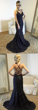 Mermaid Prom Dresses Halter Lace Dark Navy Long Sexy Prom Dress JKL1004|Annapromdress