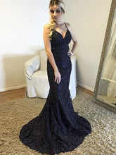 Mermaid Prom Dresses Halter Lace Dark Navy Long Sexy Prom Dress JKL1004|Annapromdress