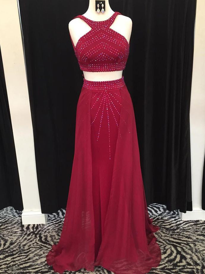 Two Piece Prom Dresses Halter Chic Burgundy Long Prom Dress JKL1008 – Anna  PromDress