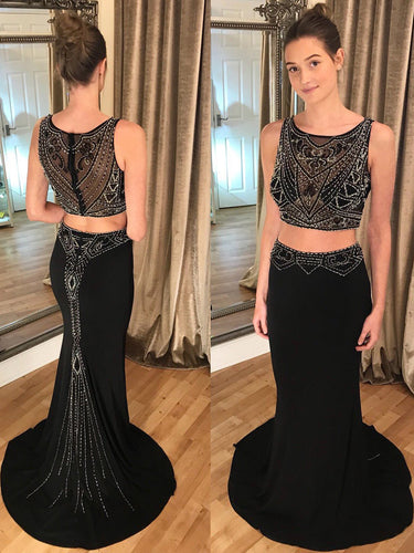 Two Piece Prom Dresses Trumpet Mermaid Long Black Prom Dress JKL1010|Annapromdress