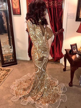Long Sleeve Prom Dresses Mermaid V-neck Gold Long Luxury Prom Dress JKL1016|Annapromdress