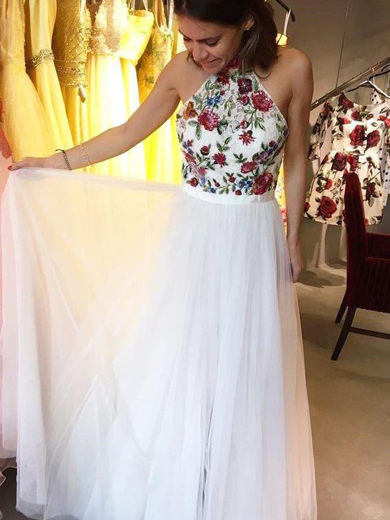 A Line Prom Dresses High Neck Embroidery Floral Beautiful Prom Dress J –  Anna PromDress