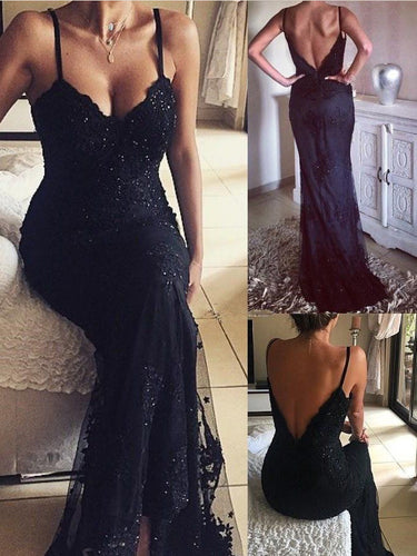 Black Prom Dresses Sheath Spaghetti Straps Backless Prom Dress JKL1047|Annapromdress