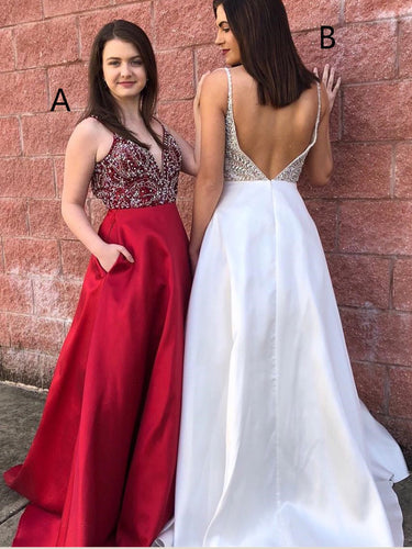 Sparkly Backless Prom Dresses Spaghetti Straps V-neck Long Rhinestone Prom Dress JKL1056|Annapromdress