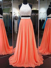Two Piece Prom Dresses Halter A-line Beading Open Back Sparkly Long Prom Dress JKL1058|Annapromdress